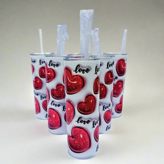 3D Red Glitter Hearts Tumbler