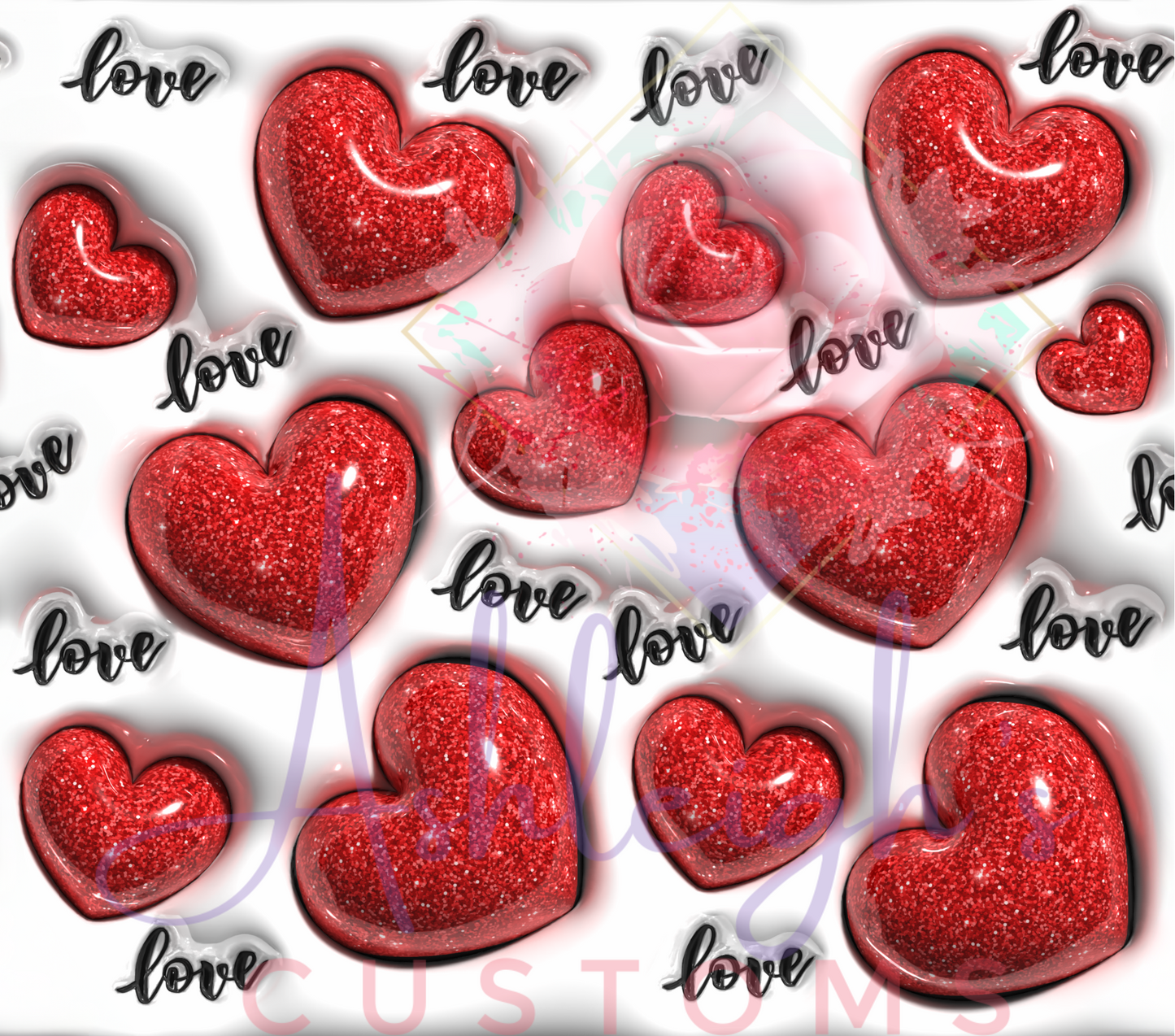 3D Red Glitter Hearts Tumbler